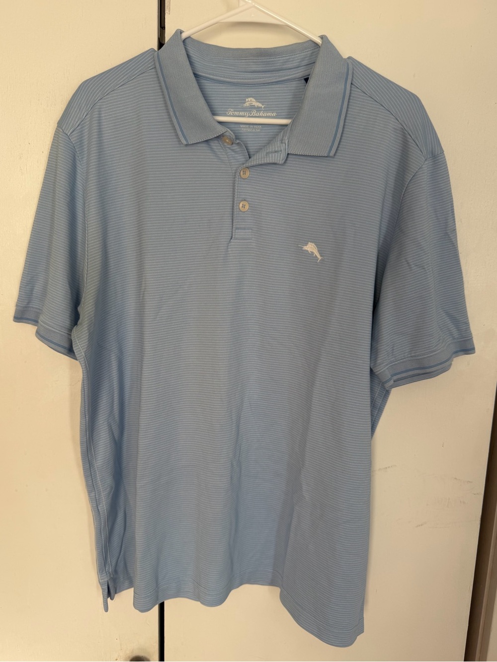 Tommy Bahama Light Blue Striped Polo with Embroidered Marlin P24